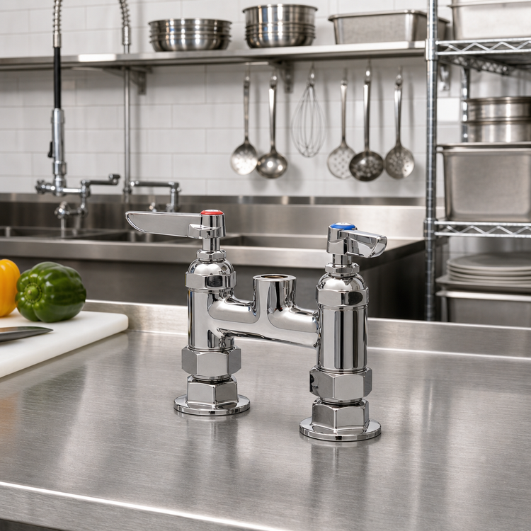 Product image #2 for T&S Brass Deck-Mounted Mixing Faucet Base, 4-Inch Centers, Quarter-Turn Eterna Cartridges, Lever Handles, No Spout