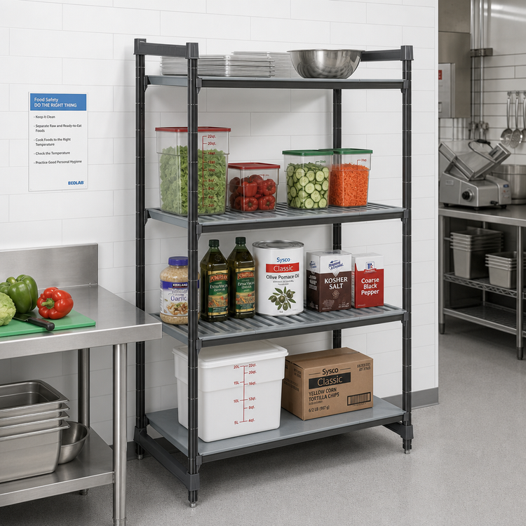 Product image #2 for Cambro Camshelving Basics Plus 4-Tier Polymer Stationary Starter Unit, 24 x 54 x 64 Inches, 3 Vented / 1 Solid Shelf Configuration, Brushed Graphite