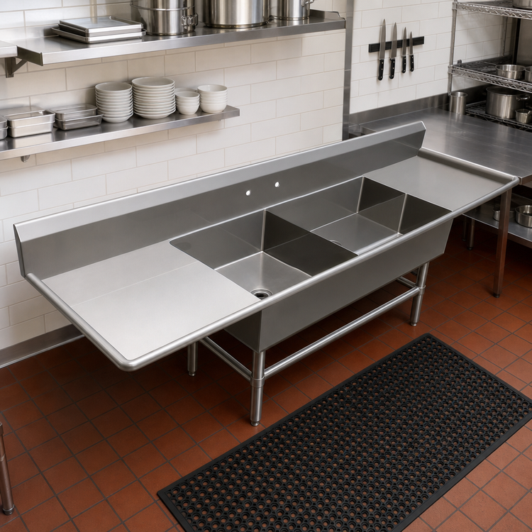 Product image #2 for John Boos Pro-Bowl 3-Compartment Platter Sink with Left and Right Drainboards, 12-Inch Deep Bowls, 14-Gauge Stainless Steel