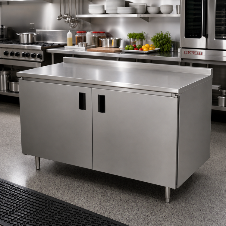 Product image #2 for Advance Tabco HF-SS-2410 Enclosed Stainless Steel Work Table with Cabinet Base, Hinged Doors, 120 x 24 Inches, 304 Stainless Steel Top