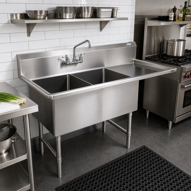 Product image #2 for John Boos B Series 2-Compartment Sink with Right Drainboard, 54-3/16"W x 25-1/2"D x 44"H, 16-Gauge Stainless Steel