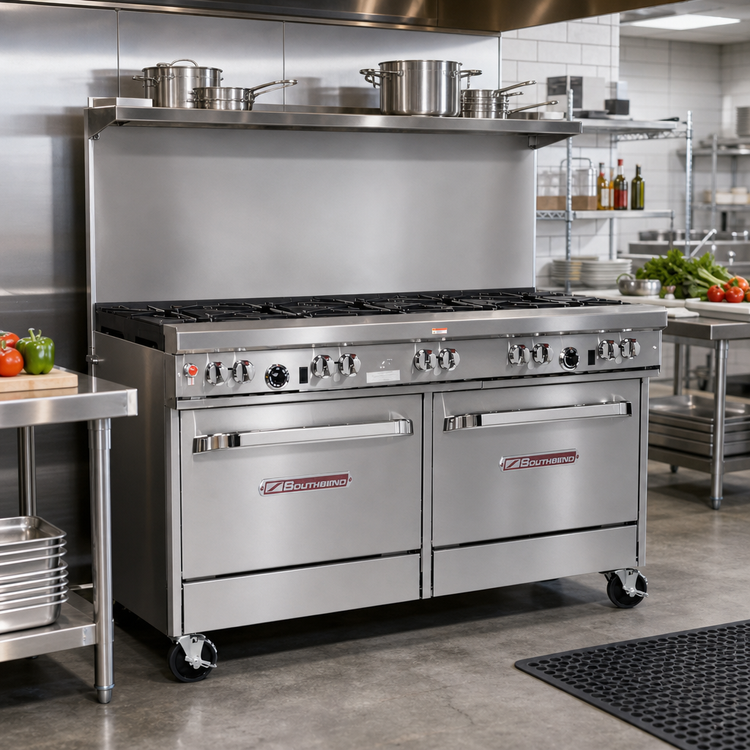 Product image #2 for Southbend Ultimate 60-Inch Gas Restaurant Range with 8 Open Burners, Standard Oven, Cabinet Base, and Backriser with Hi-Shelf