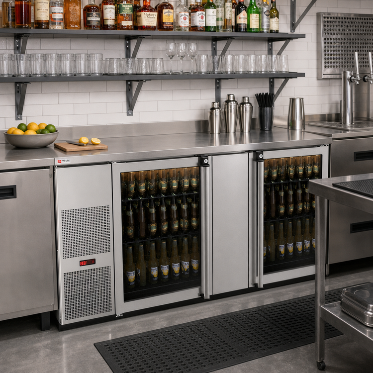 Product image #2 for Pro-Line E-Series Two-Section Self-Contained Refrigerated Back Bar Cabinet, 28 Cu. Ft., 69-1/2-Inch Wide, Glass Doors, Stainless Steel