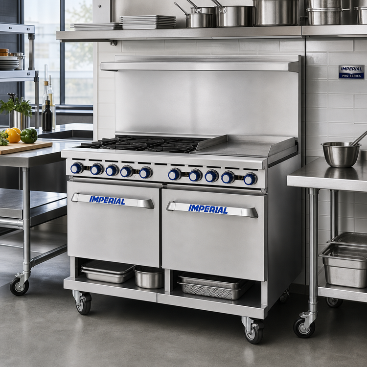 Product image #2 for Imperial Pro Series 48-Inch Gas Restaurant Range with 4 Open Burners, 24-Inch Raised Griddle/Broiler, Standard Oven, and Open Cabinet Base