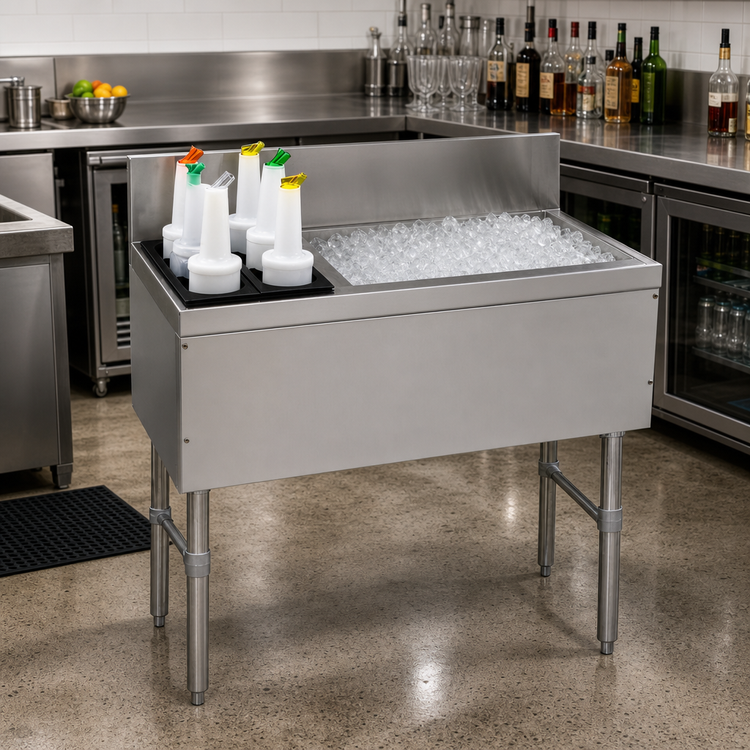 Product image #2 for Advance Tabco Prestige Supreme 42-Inch Bar Ice Chest with 10-Circuit Cold Plate, Left Bottle Rack, and 7-Inch Backsplash
