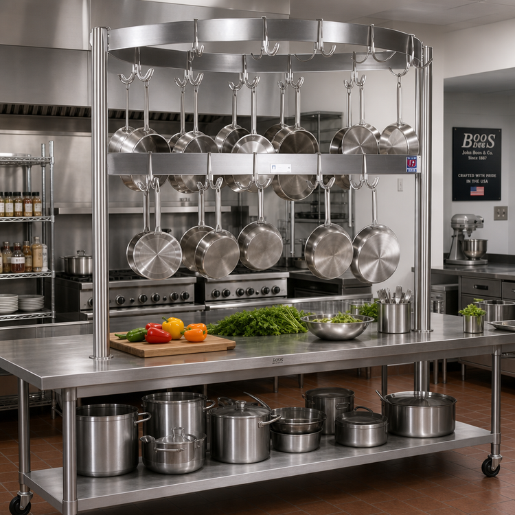 Product image #2 for John Boos Boat-Shaped Table-Mounted Stainless Steel Pot Rack for 144-Inch Tables with 36 Double Hooks