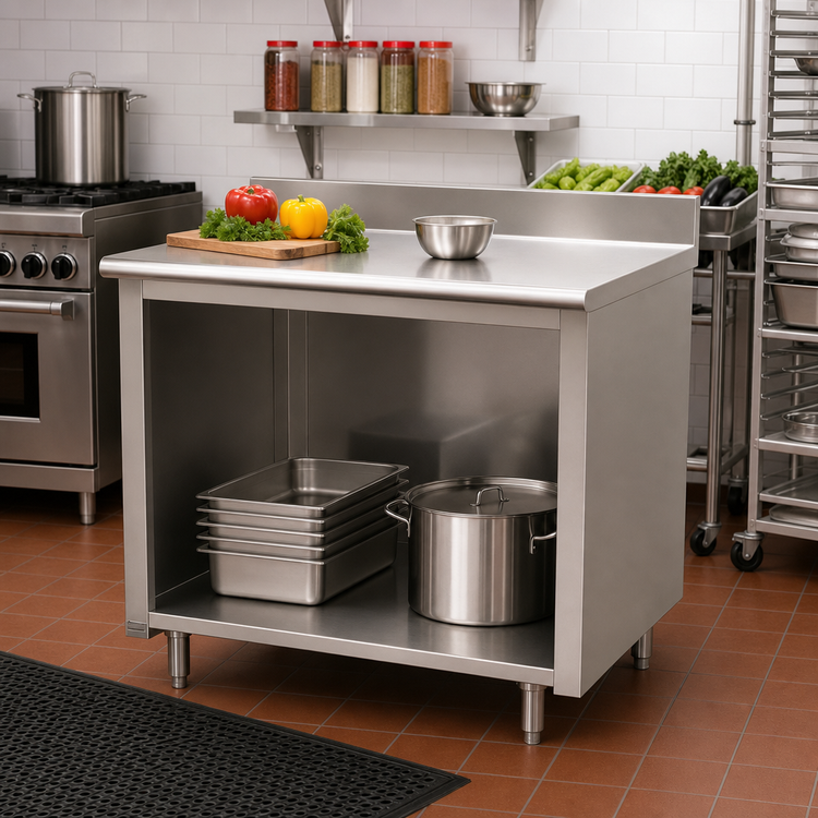 Product image #2 for Advance Tabco Special Value Economy 60"W x 30"D 16-Gauge 304 Stainless Steel Open Base Work Table with 5" Backsplash