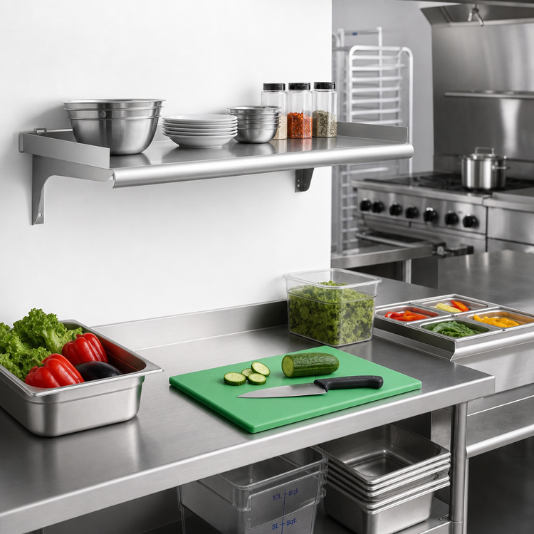 Product image #2 for Eagle Snap-n-Slide 48-Inch x 15-Inch Wall-Mounted 16/304 Stainless Steel Shelf with Rolled Front Edge