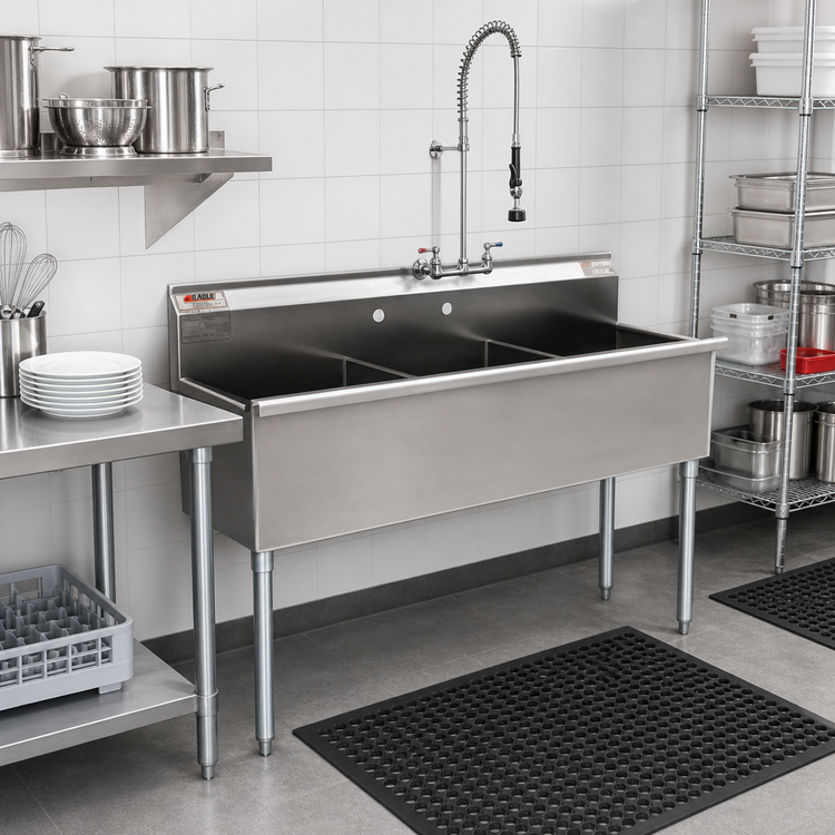 Product image #2 for Eagle Group 55-3/8-Inch Three-Compartment Utility Sink, 16 Gauge 304 Stainless Steel, No Drainboards