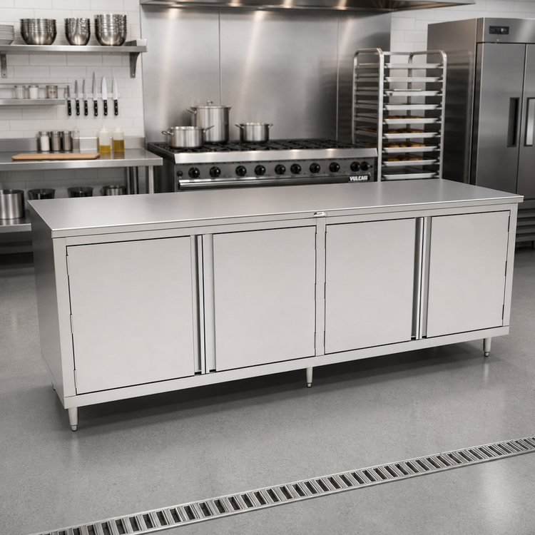 Product image #2 for John Boos Enclosed Work Table with Stainless Steel Cabinet Base and Hinged Doors, 96 x 36 Inches, Flat Top