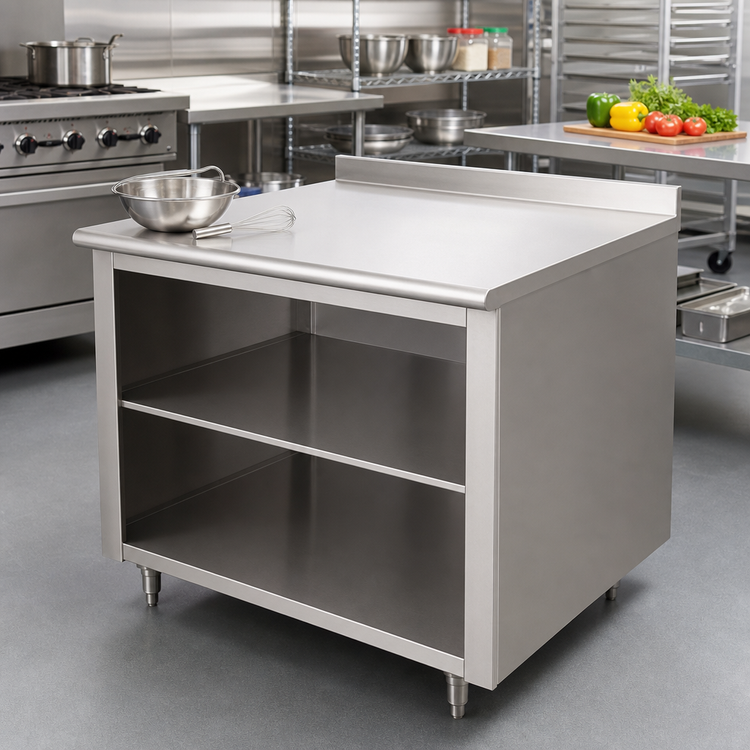 Product image #2 for Advance Tabco 60 Inch x 30 Inch Work Table with Open Front Cabinet Base, Mid-Shelf, 14 Gauge 304 Stainless Steel Top, and 1-1/2 Inch Rear Up-Turn
