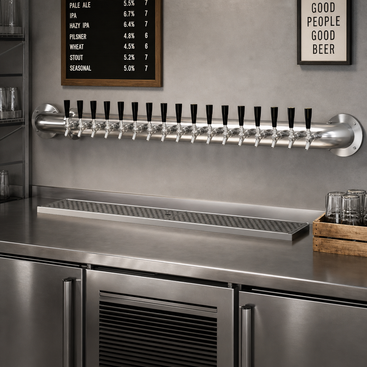 Product image #2 for Glastender Pipe Wall Draft Dispensing Tower, 16 Faucets, Wall-Mounted, Glycol-Cooled, Stainless Steel