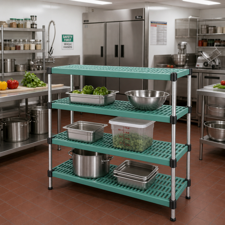 Product image #2 for QuadPlus 60 x 18 Inch Louvered Green Polymer Shelf Mat with MICROGARD Antimicrobial Protection and Wire Quad-Adjust Frame