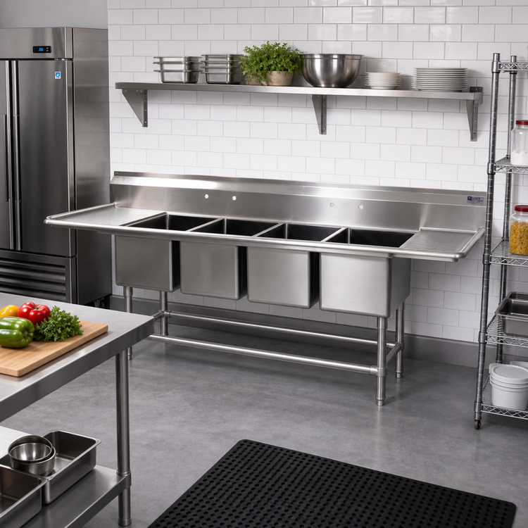 Product image #2 for Spec-Master FN Series 14-Gauge 4-Compartment Stainless Steel Sink with 30-Inch Right-Hand Drainboard