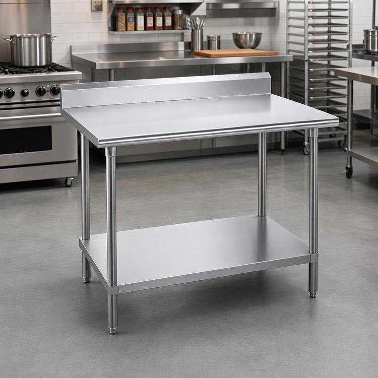 Product image #2 for Advance Tabco 30 x 24 Inch Corner Stainless Steel Work Table with 16 Gauge 430 Top, 5 Inch Backsplash, and Adjustable Undershelf