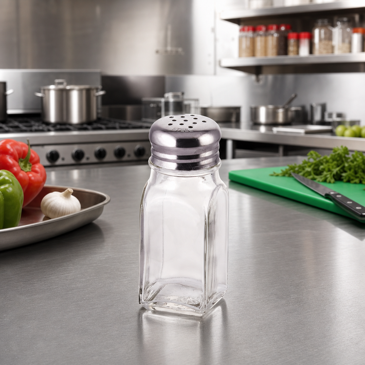 Product image #2 for Winco 2 oz Square Glass Salt and Pepper Shaker with 18/0 Stainless Steel Mushroom Top