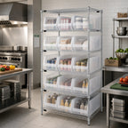 Thumbnail image #2 for Quantum WR6-953CL Stationary Chrome Bin Wire Shelving System, 36"W x 24"D x 74"H, 6 Shelves, 15 Clear Bins, 800 lb. per Shelf