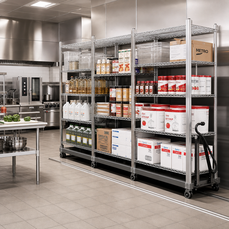 Product image #2 for Metro qwikTRAK Double Deep High-Density Track Shelving Mobile Unit Kit, 18-Inch, Stainless Steel, 74-Inch Posts