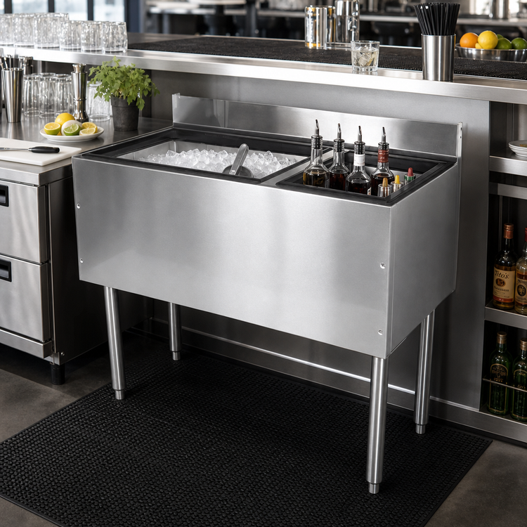 Product image #2 for CHOICE 48-Inch Underbar Combo Ice Bin and Cocktail Unit with Bottle Wells and 10-Circuit Cold Plate
