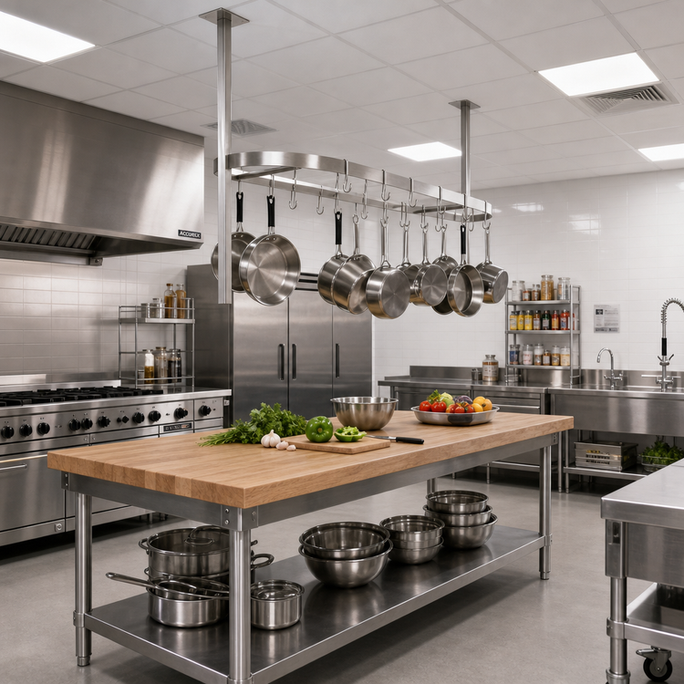 Product image #2 for John Boos Boat-Shaped Ceiling-Mounted Stainless Steel Pot Rack for 60-Inch Tables with 15 Double Hooks