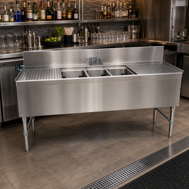 Product image #2 for Advance Tabco Prestige 3-Compartment Stainless Steel Underbar Sink Unit with Left and Right Drainboards and Deck-Mount Faucet, 72-Inch