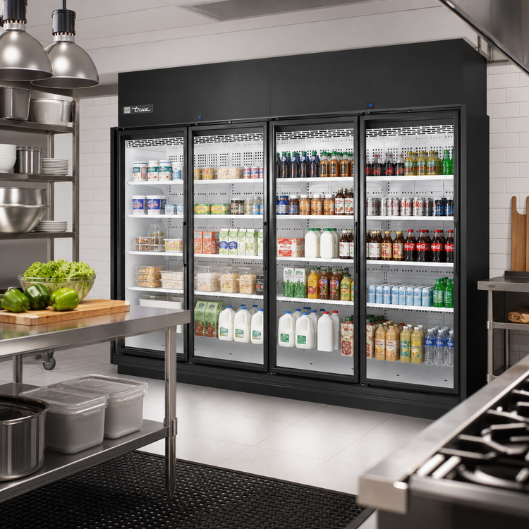 Product image #2 for True 4-Section Glass Door Refrigerated Merchandiser, Medium Temp, Self-Contained, Black Exterior/White Interior
