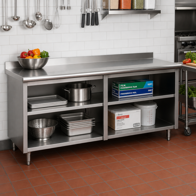 Product image #2 for Advance Tabco Special Value Economy Stainless Steel Open Front Cabinet Base Work Table with 5-Inch Backsplash and Mid-Shelf, 120 x 24 Inches