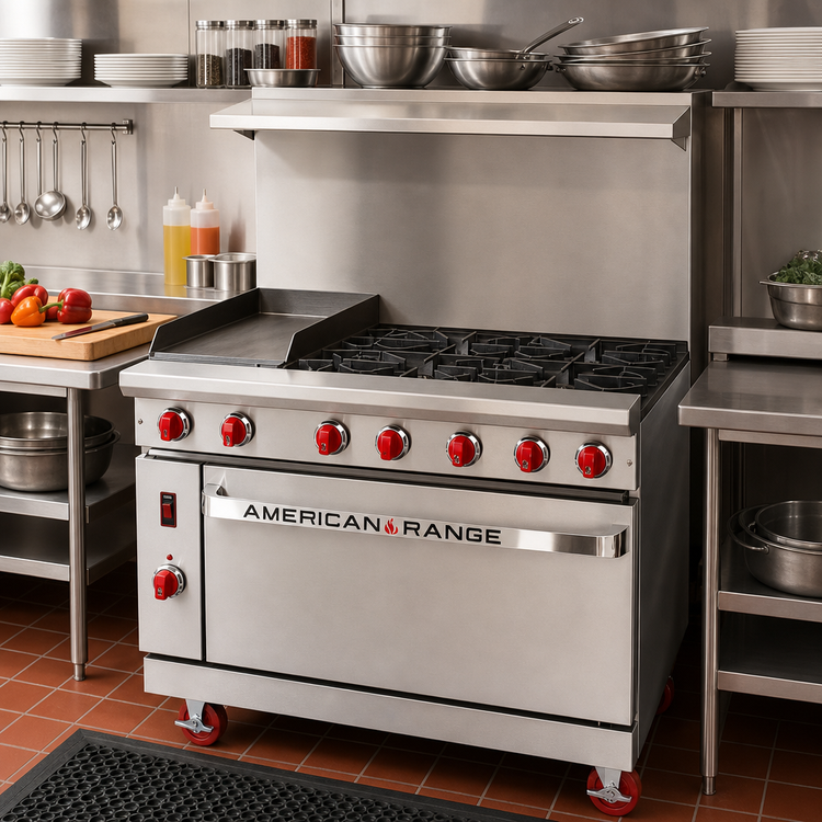 Product image #2 for American Range 36-Inch Commercial Gas Range with 12-Inch Left Griddle, 4 Open Burners, and Convection Oven