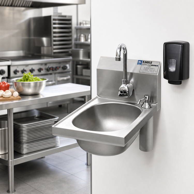 Product image #2 for Eagle Group Wall-Mount 304 Stainless Steel Hand Wash Sink with Battery-Powered Electronic Faucet, Soap Dispenser and Basket Drain