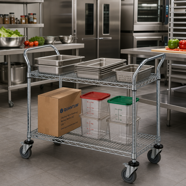 Product image #2 for Quantum Chrome-Plated Wire Utility Cart, 2 Shelves, 1200 lb. Capacity, 42 x 24 x 37-1/2 in.