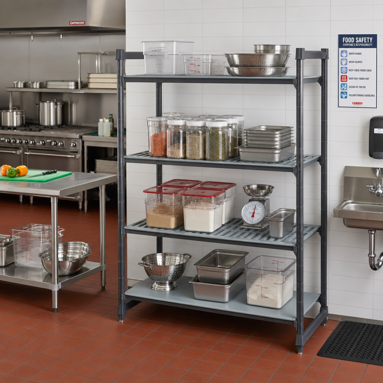 Product image #2 for Cambro Camshelving Basics Plus 4-Tier Stationary Starter Unit, 24"W x 60"L x 64"H, 3 Vented + 1 Solid, Brushed Graphite