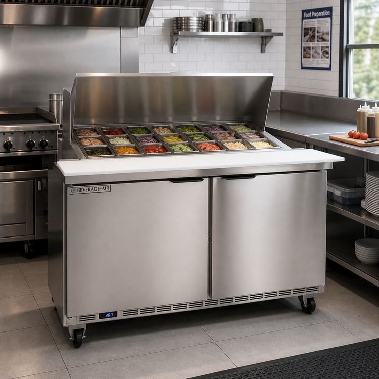 Product image #3 for Beverage-Air 60-Inch Two-Section Mega Top Sandwich Prep Table Refrigerator, 18-Pan, 2-Door