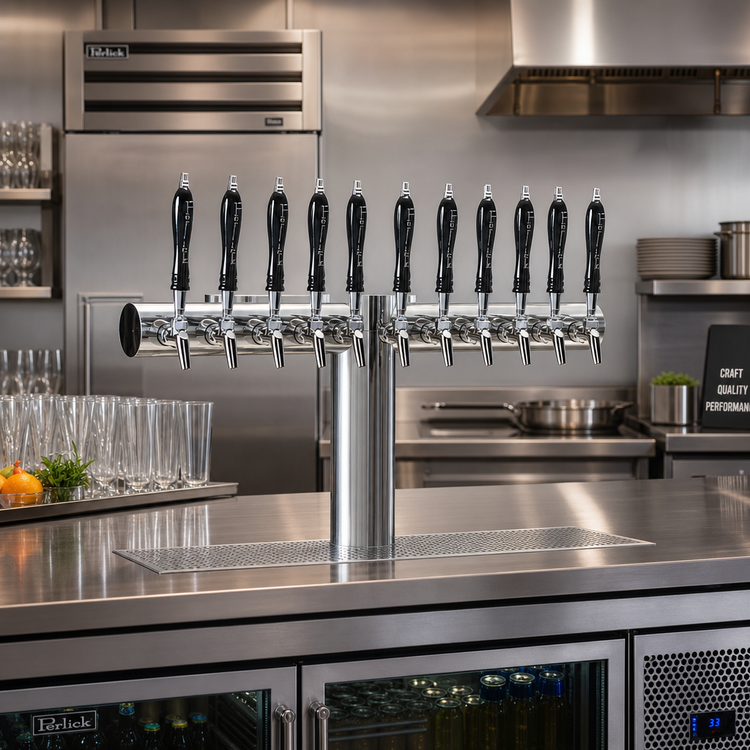 Product image #2 for Perlick Avenue 10-Faucet T-Pipe Glycol-Cooled Countertop Draft Beer Tower, Stainless Steel