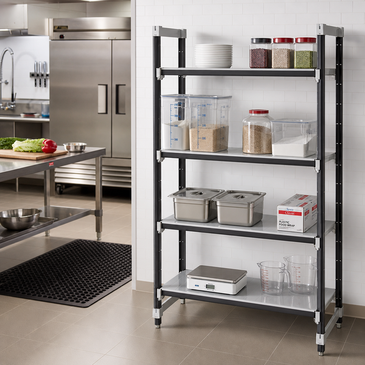 Product image #2 for Cambro Camshelving Elements XTRA 4-Shelf Solid Stationary Starter Unit, 18"D x 42"W x 72"H, Speckled Gray