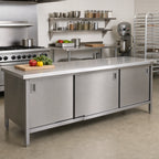 Thumbnail image #2 for John Boos EBSS6-30120 120" x 30" Stainless Steel Enclosed Work Table with Sliding-Door Cabinet Base, 16-Gauge 300 Series Top