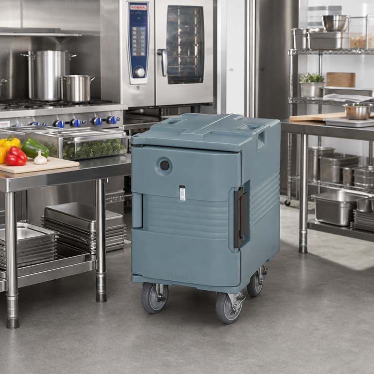 Product image #3 for Cambro Ultra Pan Carrier Heated Front-Loading Food Carrier With Casters, 1 Compartment, 6-Pan Capacity, 110V, Slate Blue