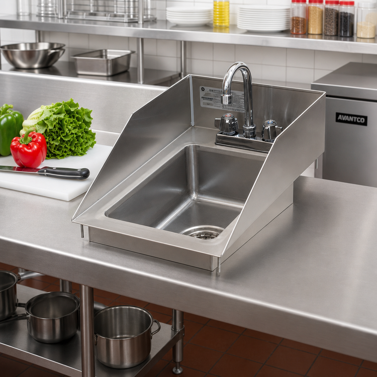 Product image #2 for Advance Tabco Special Value Series 1-Compartment 10 x 14 x 10 Inch Drop-In Sink with 6 Inch Tapered Side Splashes, Gooseneck Faucet, and Basket Drain