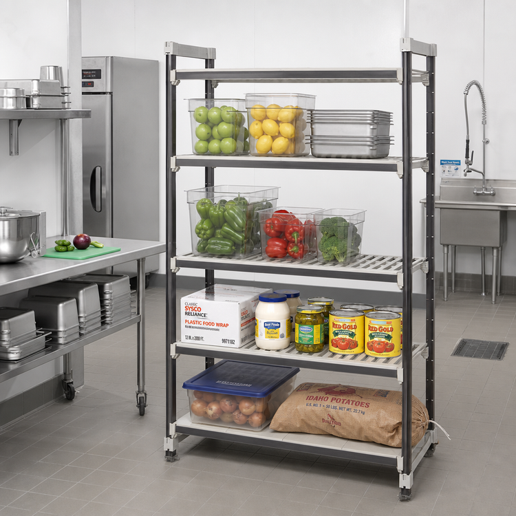Product image #2 for Cambro Camshelving Elements XTRA High Density Top Rail Stationary Starter Unit, 24"D x 60"L x 81"H, 4-Tier, 3 Vented + 1 Solid Shelves, Speckled Gray