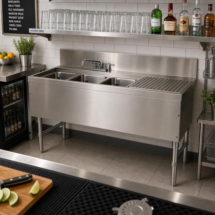 Product image #2 for Advance Tabco Prestige Supreme 3-Compartment Stainless Steel Underbar Sink Unit with Right Drainboard and Deck Mount Faucet, 48W x 25D x 36H
