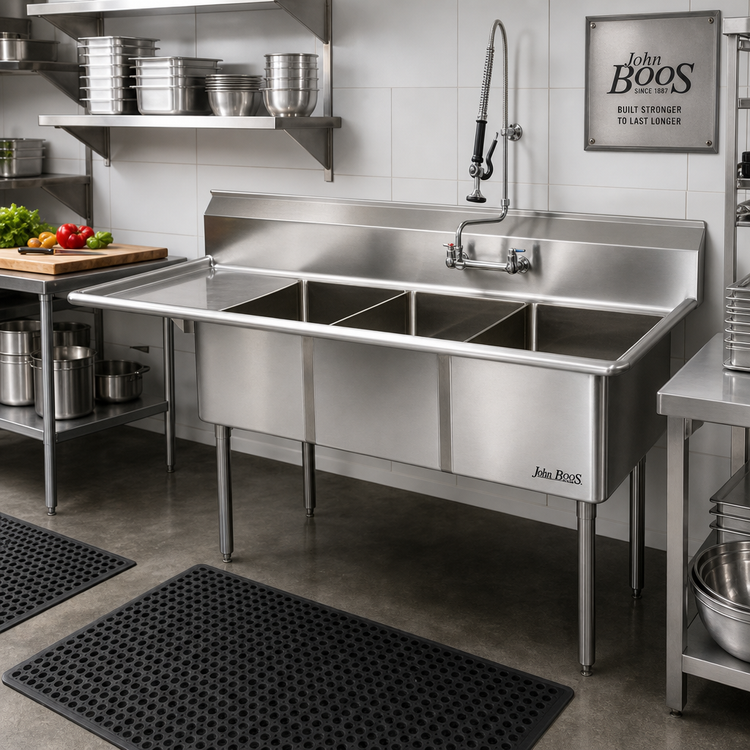 Product image #2 for John Boos E-Series 3-Compartment Stainless Steel Sink with Left Drainboard and Backsplash