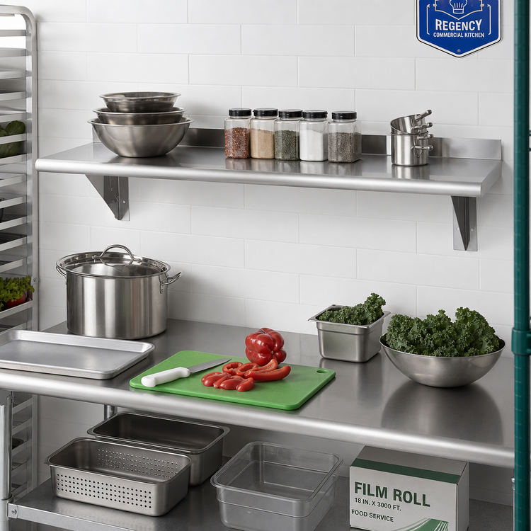 Product image #2 for Advance Tabco 84" W x 10" D Wall-Mounted Stainless Steel Shelf with Bullnose Edge, 16 Gauge, Satin Finish