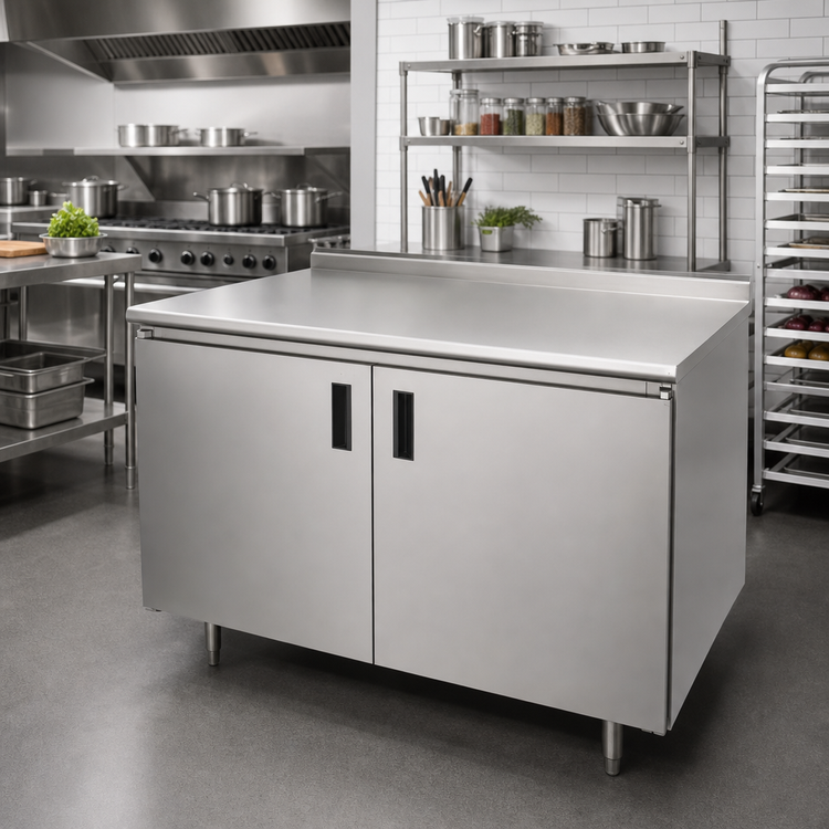 Product image #2 for Advance Tabco Enclosed Work Table with Cabinet Base and Hinged Doors, 96 x 30 x 37 Inches, 14-Gauge 304 Stainless Steel Top, 1-1/2-Inch Rear Up-Turn