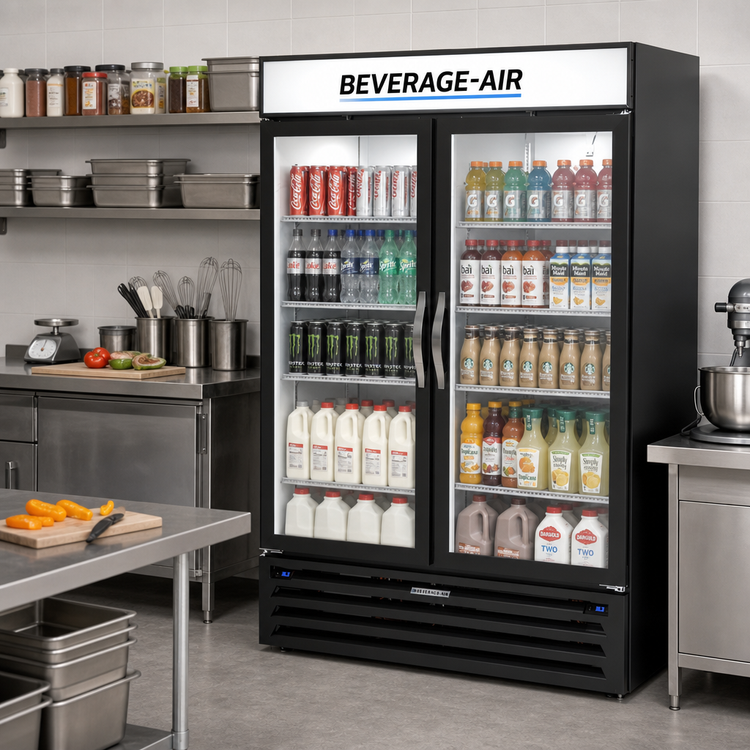Product image #2 for Beverage Air MarketMax Dual Temp Two-Section Reach-In Glass Door Merchandiser Refrigerator, 52 Inch, Bottom-Mounted Self-Contained