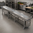 Thumbnail image #2 for Dinex DXIESSB18 18 ft Stationary Motorized Tray Make-Up Conveyor with Lexan Slat Belt, Variable Speed, and Stainless Steel Frame