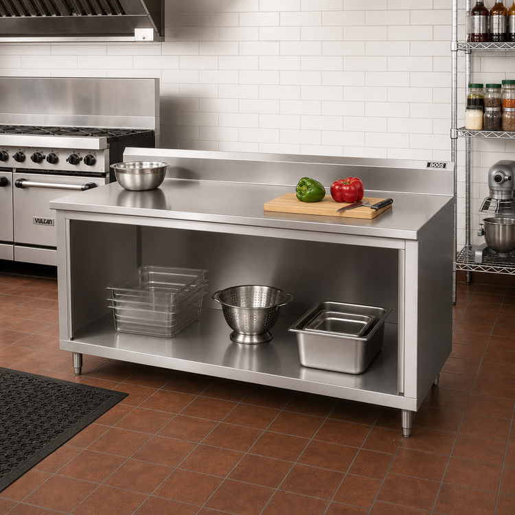 Product image #2 for John Boos 72" W x 36" D Stainless Steel Work Table with Open Front Cabinet Base and 5" Backsplash
