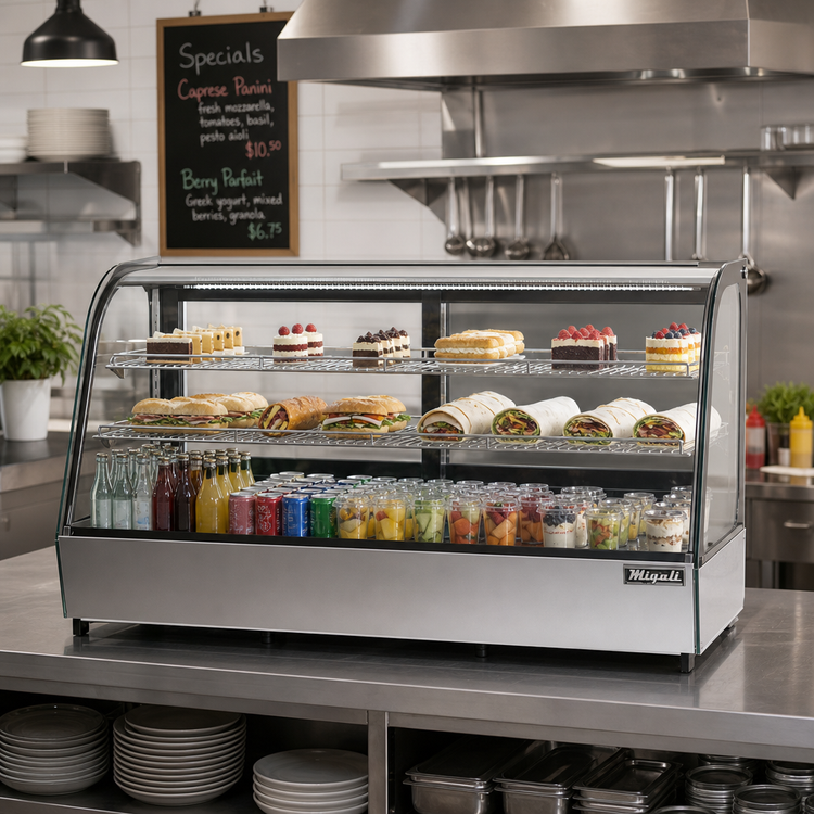 Product image #3 for Migali Competitor Series® 60-Inch Full-Service Countertop Refrigerated Display Case with Curved Glass and Sliding Doors