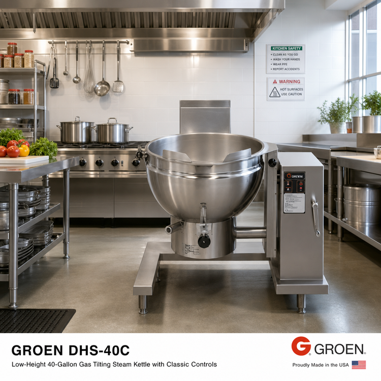 Product image #2 for Groen DHS-40C Low-Height 40-Gallon Gas Tilting Steam Kettle with Classic Controls