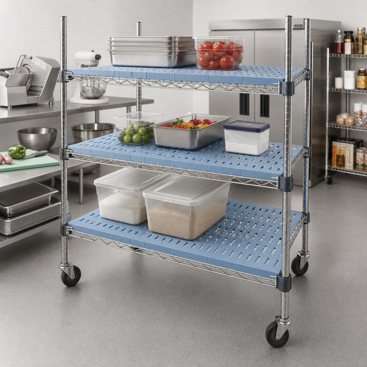 Product image #2 for QuadPlus 54 x 21 Inch Louvered Blue Polymer Shelf Mat with Chrome Wire Quad-Adjust Frame
