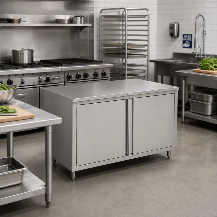 Product image #2 for John Boos 36 x 36 Inch 14-Gauge 300-Series Stainless Steel Enclosed Work Table with Cabinet Base and Hinged Doors