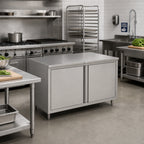 Thumbnail image #2 for John Boos 4CH4-3636 36 x 36-Inch Enclosed Stainless Steel Work Table with Hinged Doors, 14-Gauge 300-Series Flat Top